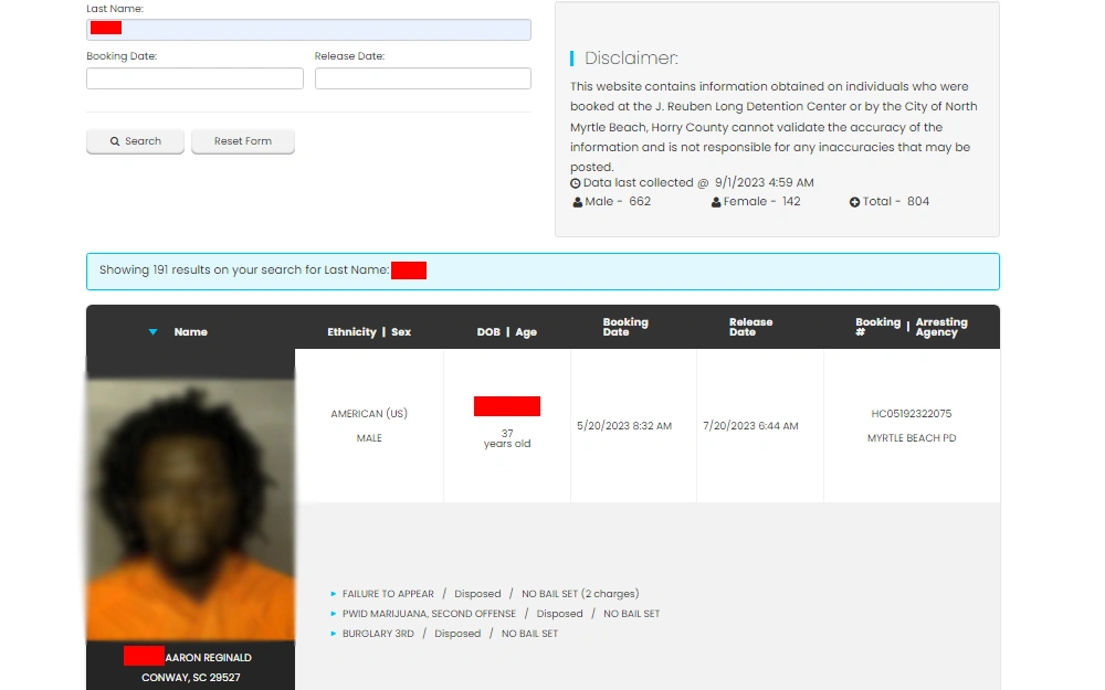 A screenshot of a sample search result with inmate details through the Horry County Booking and Release search portal that can be searched by just the last name and booking date or release date, which will show the list of inmates with their mugshots, name, DOC number, arresting agency, and other information.