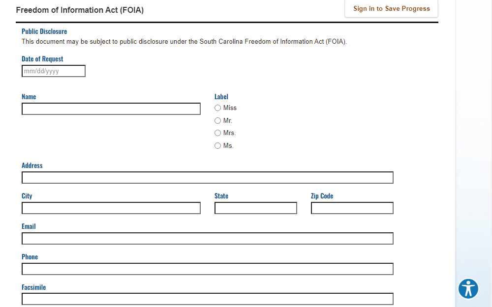 A screenshot of the online Freedom of Information Act form for North Myrtle Beach, where individuals must enter the date of request, the requester's name, address, city, state, zip code, email, phone number, facsimile, and other information.