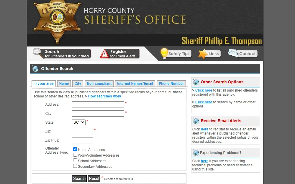 A screenshot of the Sex Offender Registry of Horry County that can be searched by name, area, city, phone number, or other information.