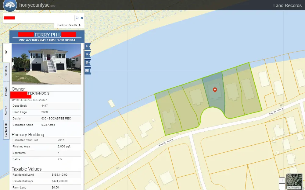 A screenshot of the Land Record map viewer search tool for Horry County with its sample search showing the property's image, owner's information, property address, the property's taxable values, the location where it is on the map, and other information.