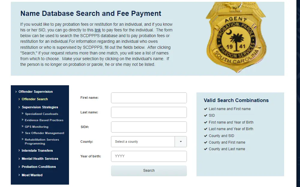 A screenshot of the Name Database Search and Fee Payment tool offered by the SC Department of Probation, Parole and Pardon Services that is searchable by entering the following information: first name, last name, state ID number, county, and year of birth.