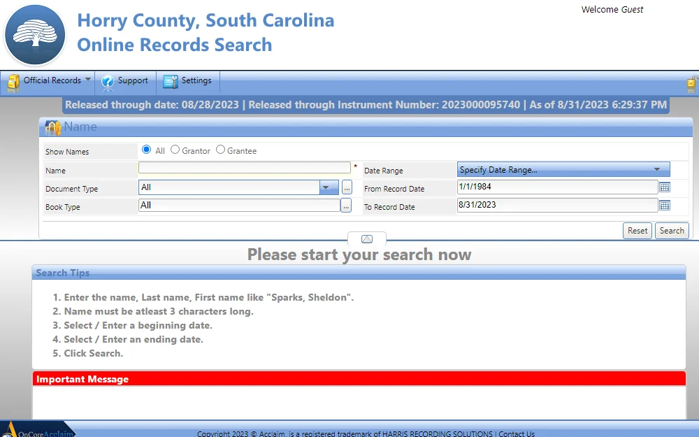 A screenshot of the Online Records Search tool provided by Horry County and the search tips that could help the searchers find the records they're looking for.