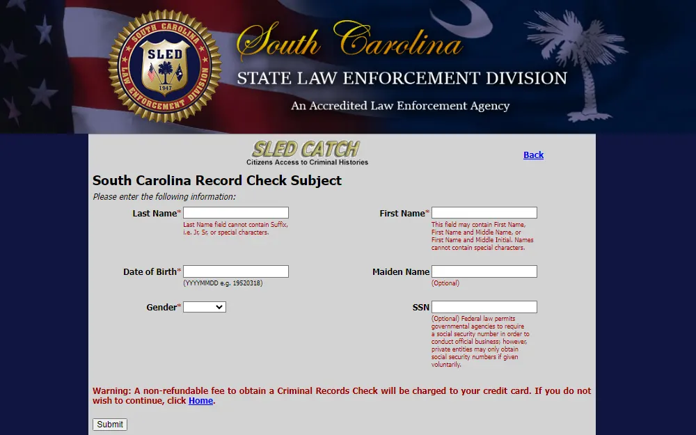 A screenshot of the CATCH portal, South Carolina Record Check subject webpage that is searchable by providing the last name, first name, DOB, maiden name, gender, and SSN