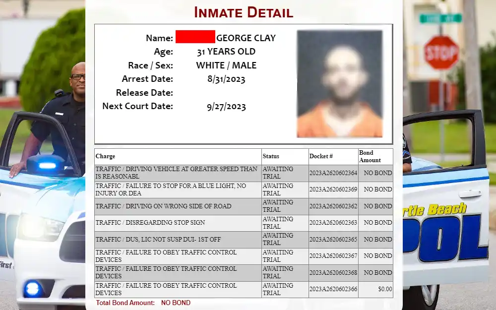 A screenshot of a sample inmate detail from a search done through the Myrtle Beach Police Department search tool showing the inmate's mugshot, full name, age, race, sex, arrest date, release date, next court date, and charge information.