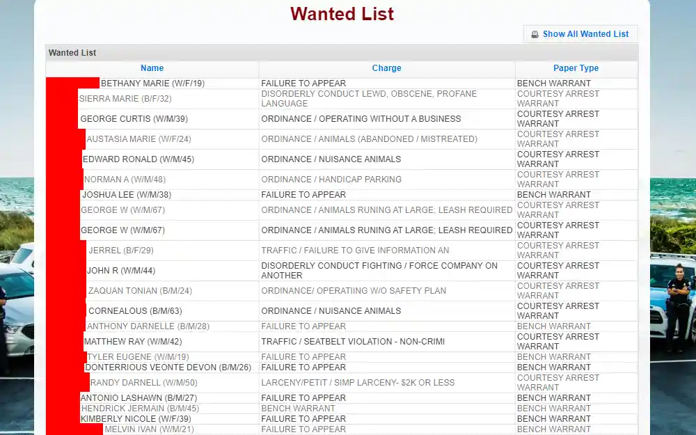 A screenshot of the Wanted List in Myrtle Beach City provided by their police department, showing the list of wanted peoples' names, charges, and paper type.
