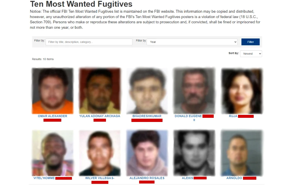 A screenshot presenting a line-up of individuals on the official FBI Ten Most Wanted Fugitives list, which includes various suspects sought after for serious offenses, indicating the federal nature of their alleged crimes without revealing identifiable details.