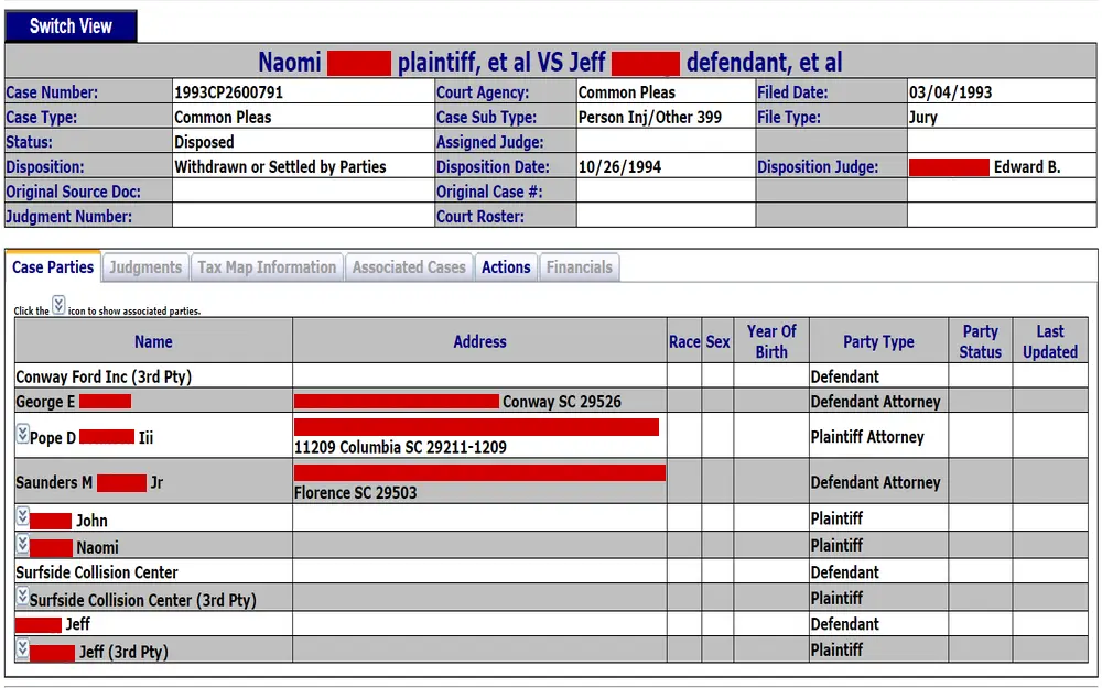 A screenshot of the legal case management interface detailing a case identified by case number 1993CP2600791, involving multiple parties with varying roles, such as plaintiff, defendant, and third parties, along with their legal representatives, showing their names, addresses, roles, and the status updates in the proceedings of a Common Pleas court case, initially filed on 03/04/1993 and subsequently disposed on 10/26/1994.
