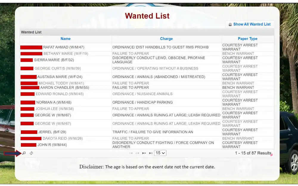 A screenshot of a public law enforcement database displaying a list of individuals with outstanding legal issues, detailing their names, alleged offenses, and the type of judicial documents issued against them, set against a blurred natural backdrop.