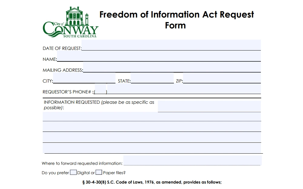 A screenshot of the Freedom of Information Act form from Conway City displaying the spaces provided for the date of request, requestor's name, mailing address, phone number, description of information being requested, and tick boxes for preferred file format.