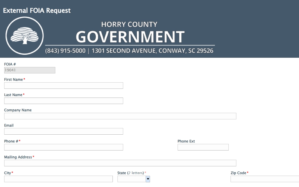 A screenshot for submitting a request for public records, including fields for personal contact information and a specific reference number for the requested records.