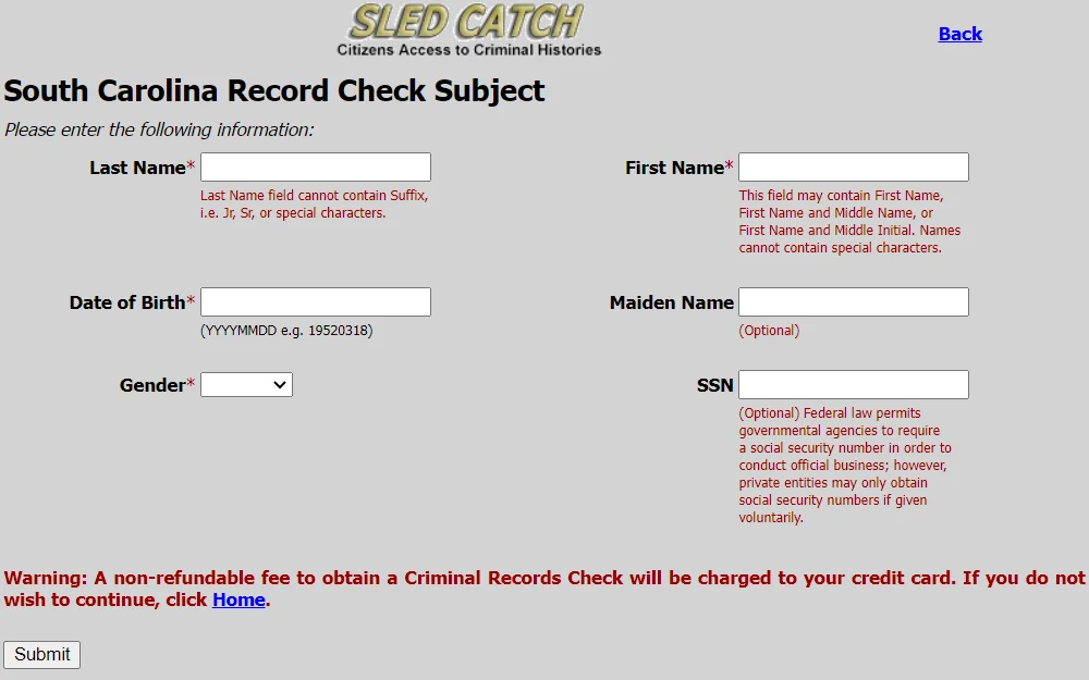 A screenshot of the SLED CATCH search tool with required fields for first and last names, date of birth, gender, and optional fields for maiden name and social security number.