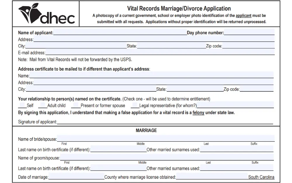 A screenshot of the form for requesting vital documents specifies the need for photo identification and includes fields for the applicant's details, their relationship to the document's subject, and the names and details relevant to the requested marriage certificate.