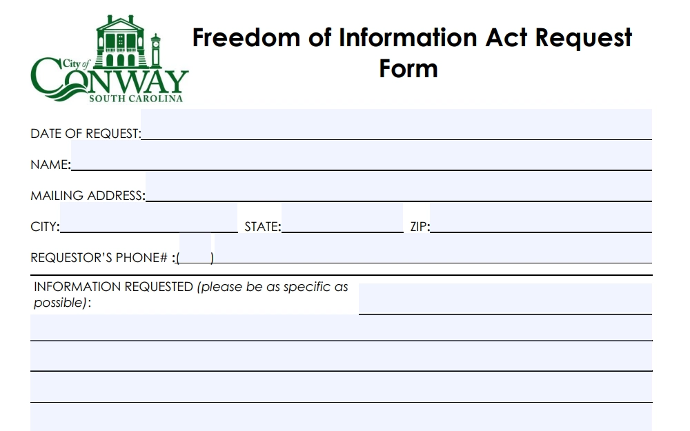 A screenshot of the Freedom of Information Act Request Form provided by the City of Conway, South Carolina government, which anyone can use to request a record from the police department about an arrestee.