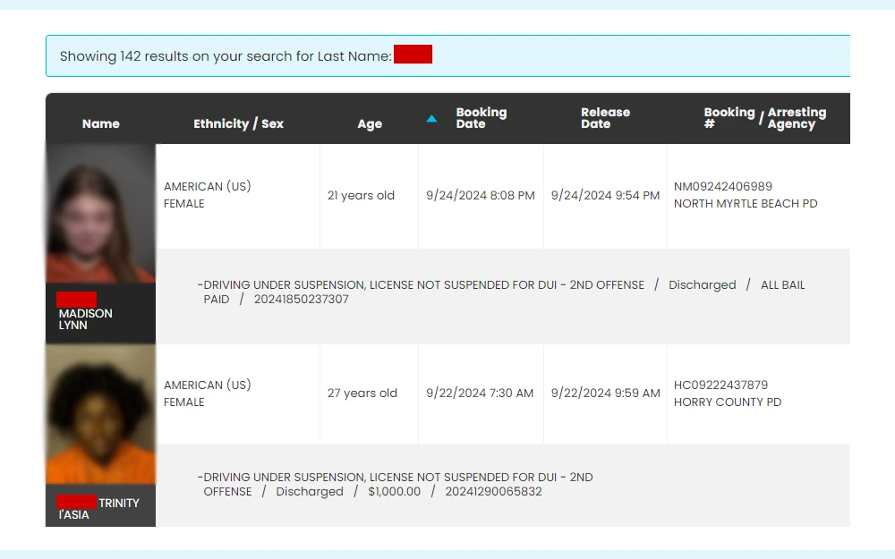 A screenshot of the Horry County Sheriff's Office's booking and release search tool results showing the mugshots, full name, sex, ethnicity, age, booking date, release date, booking #, and arresting agency of matching individuals.