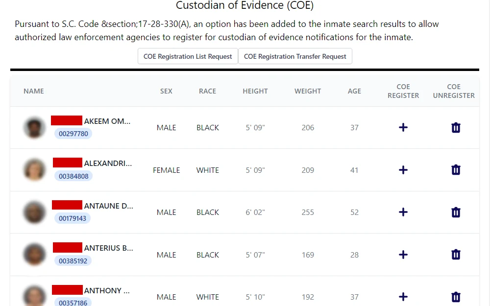 A screenshot of a sample search results of the South Carolina Department of Corrections Incarcerated Inmate Search tool showing the matching individuals' mugshot, name, sex, race, height, weight, age, and COE option to register or unregister.